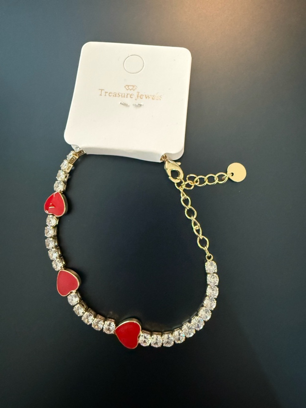 NWT by Treasure Jewels-Gold tone Bracelet w/Red Heart Accents & CZs- Adjustable